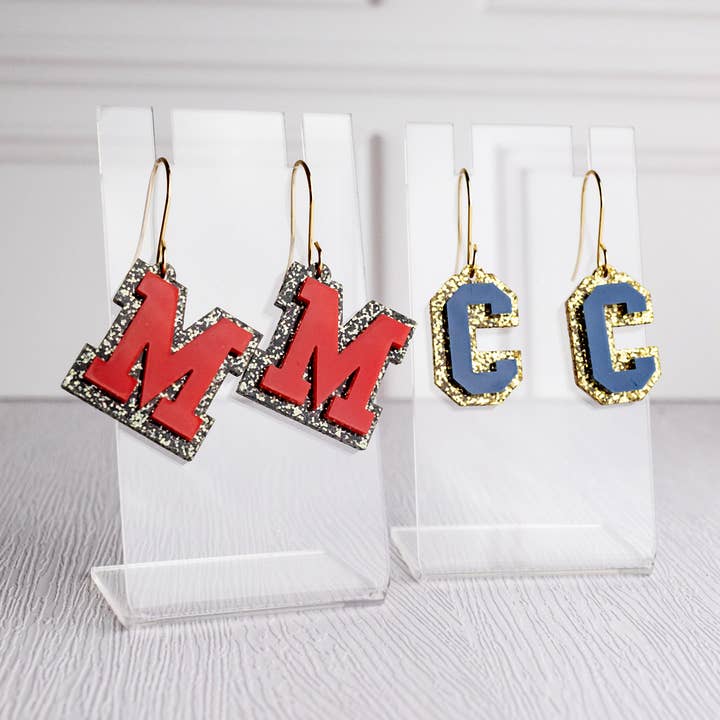Sports Earrings - Varsity Letters with Glitter for wholesale by Aspen and Lark