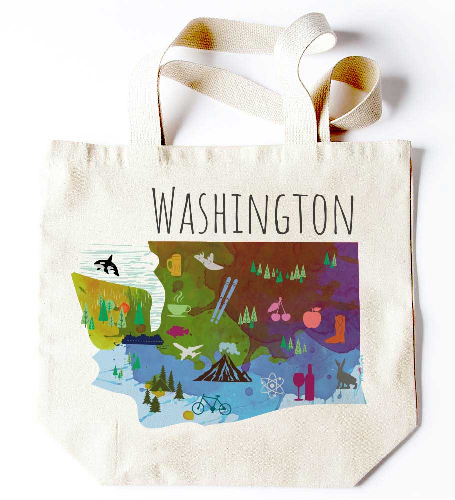 Bolso con forma de mapa con iconos de Washington para venta al por mayor de Potluck Press
