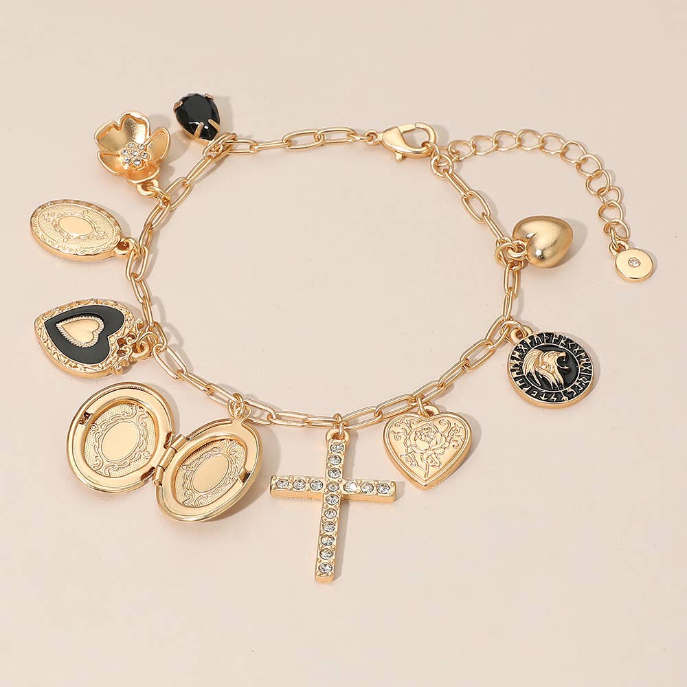 Sensibling Corp. - Wholesale Charm/Dangle Bracelet - Stone Paved Cross Oval Locket Heart Coin Medallion Charm Station Paperclip Chain Bracelet2
