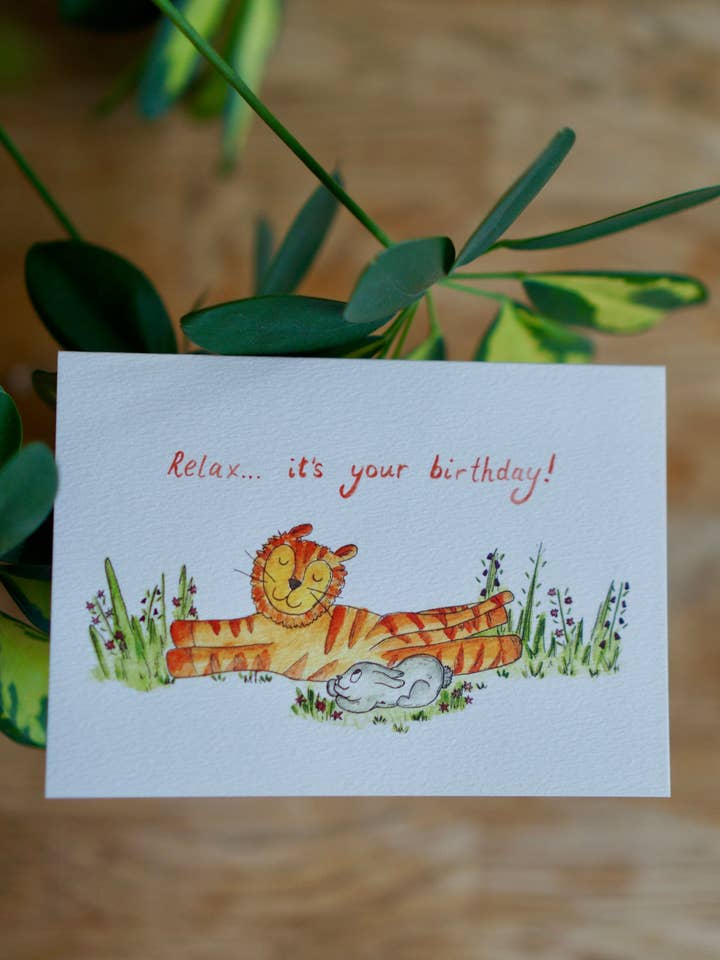 Relax it's your birthday - tiger, bunny yoga card for wholesale by Bowlt Studios