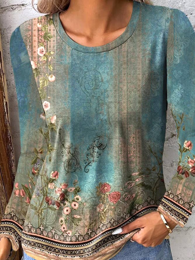 Crew Neck Fade Floral Print Long Sleeves Top ZK443 for wholesale by UNISHE