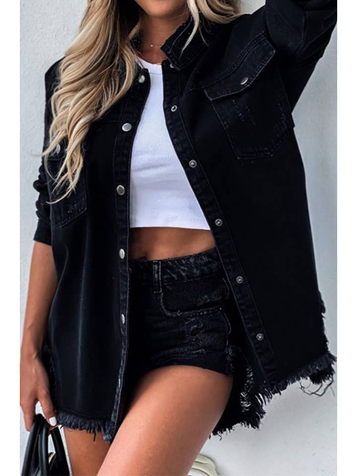 UNISHE - Wholesale Shirt Jacket/Shacket - Women's - TOPW431 Raw Hem Ripped Denim Jacket Shacket