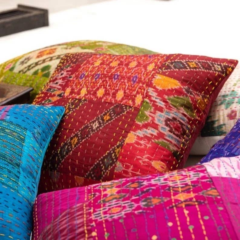 Bhawana Handicrafts - Wholesale Throw Pillow Cover - 5 Pcs Lot Multicolour Patola Silk Saree Kantha Cushion Cover1