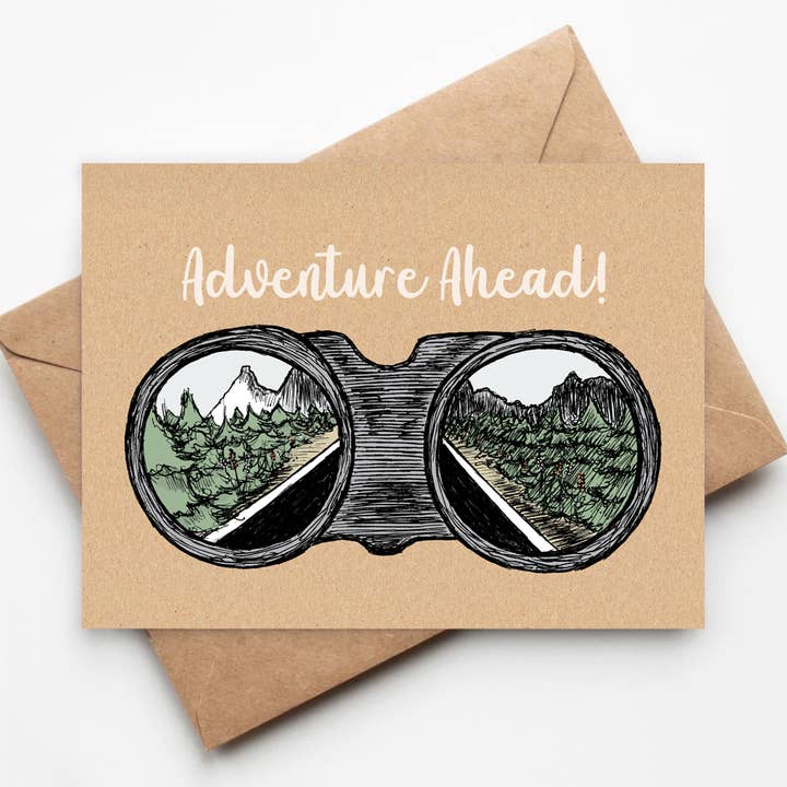 Adventure Ahead Binoculars Eco-friendly Card New Beginnings for wholesale by Jenna's Doodles