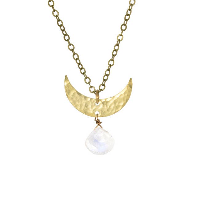 Edgy Petal Jewelry - Wholesale Pendant/Charm Necklace - Rainbow Moonstone Golden Hammered Crescent Necklace