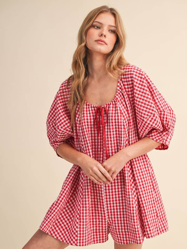 IR2141-F GINGHAM SCOOP NECK ROMPER for wholesale by Klesis