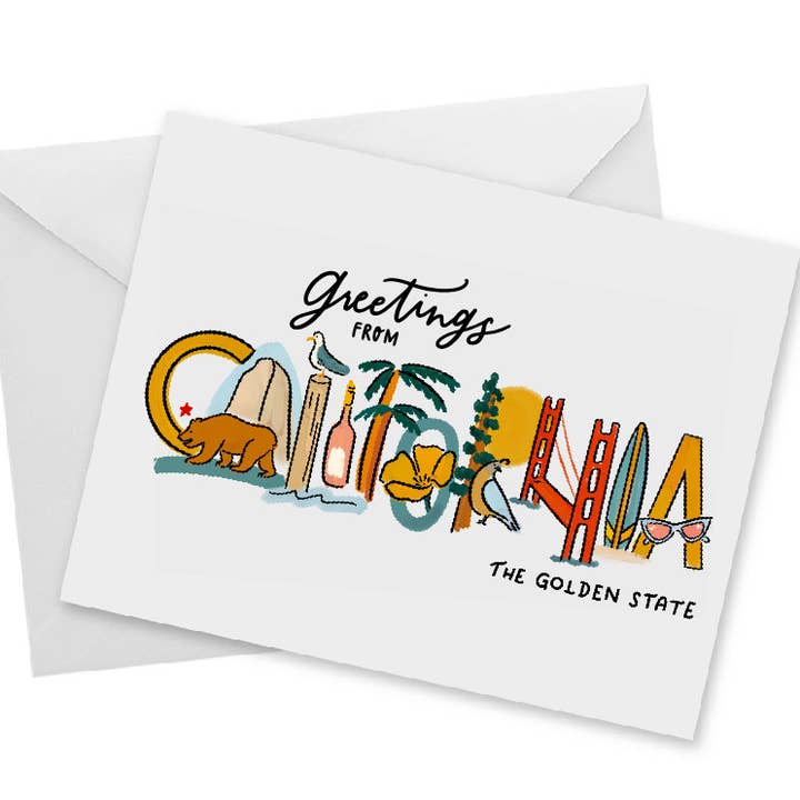 Greetings from California - Landmark Lettering Notecard for wholesale by doodles.ink.