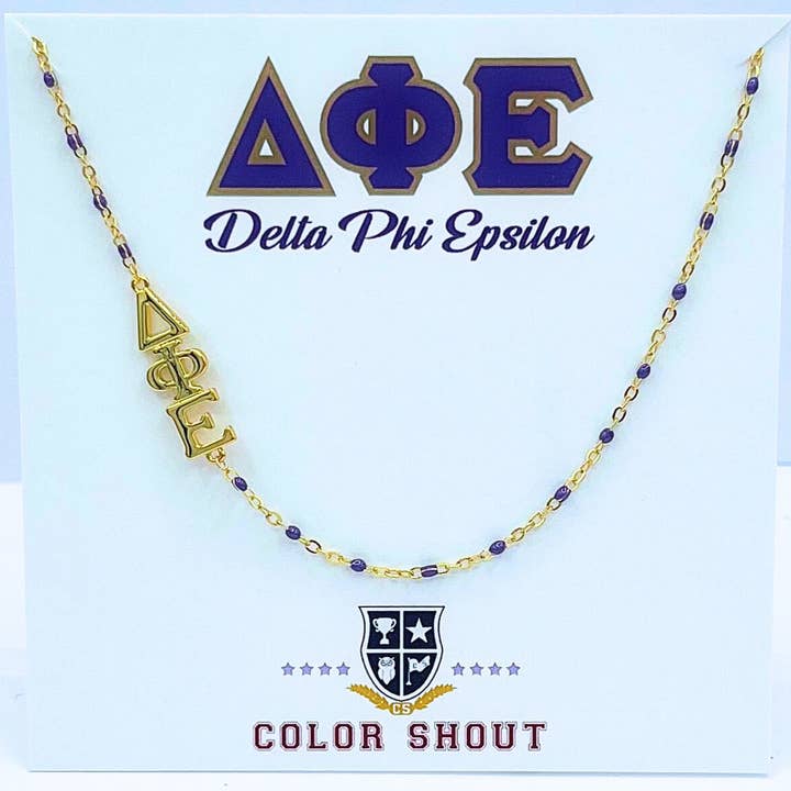 N201 Collier DPE-Delta Phi Epsilon : Collier à perles émaillées ΔΦE sur le côté pour la vente par Color Shout