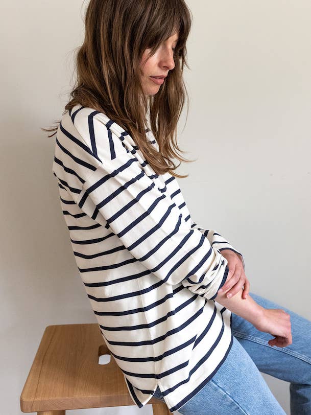 Ivy T - Vente T-shirt – femme - Top breton épais en coton biologique Nora écru/bleu marine0