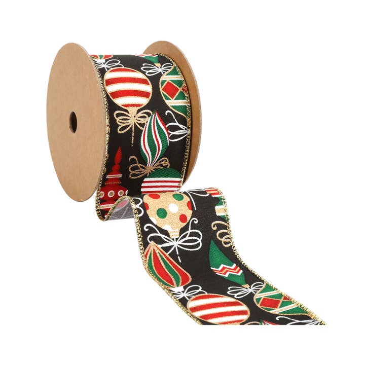 LA Ribbons Wholesale - Wholesale Ribbon - Gift Wrapping - 2 1/2" Wired Ribbon | "Holiday Ornament" Black/Multi | 10 Yard Roll
2
