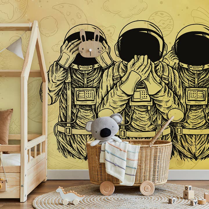 Astronaut Nursery Wallpaper, Three Wise Monkeys Space Mural for wholesale by SimurgWallArts