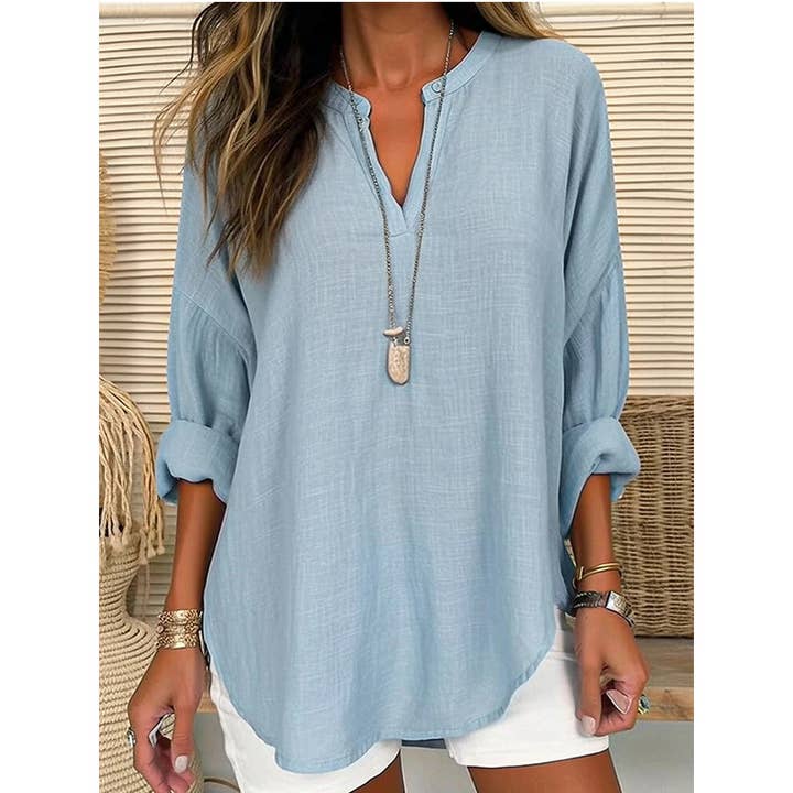 NINEXIS - Wholesale Tunic - Women's - CWTBLL0260_Blouse Linen Long Sleeve Casual V Neck Top