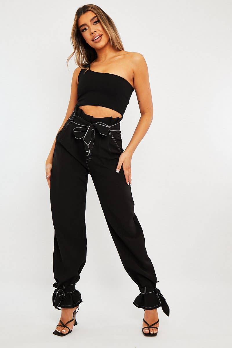 Black Contrast Stitch Ankle Tie Trousers - Neyla for wholesale on Faire1
