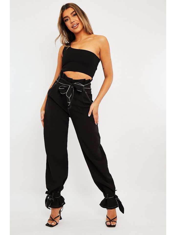 Black Contrast Stitch Ankle Tie Trousers - Neyla for wholesale on Faire1