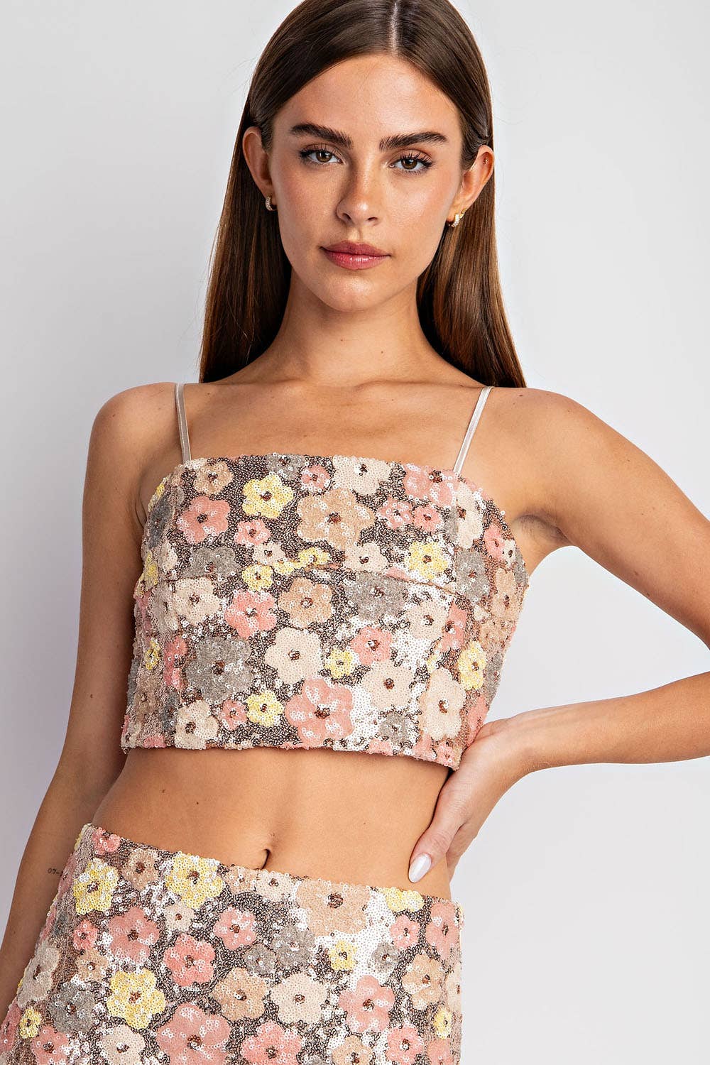 Roségold//Mehrfarbig Ct3955 Blumen-Pailletten-Cami-Crop-Top für den Großhandel auf Faire2