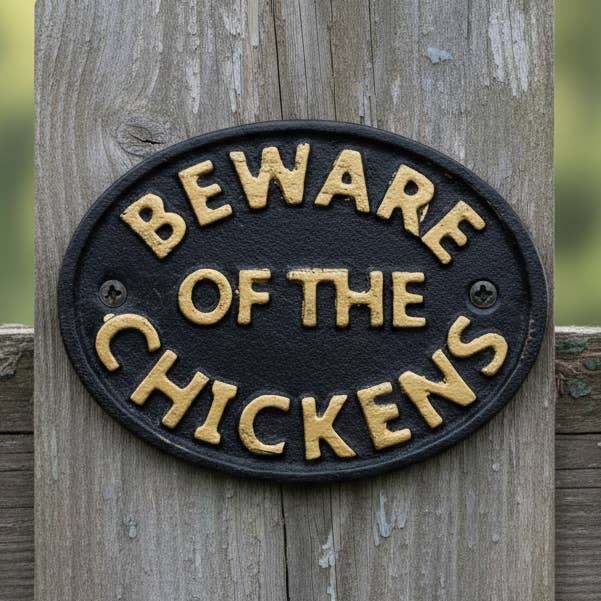 Cast Iron Plaque: Beware Of The Chickens - Farm Decor for wholesale by Iron & Blossom