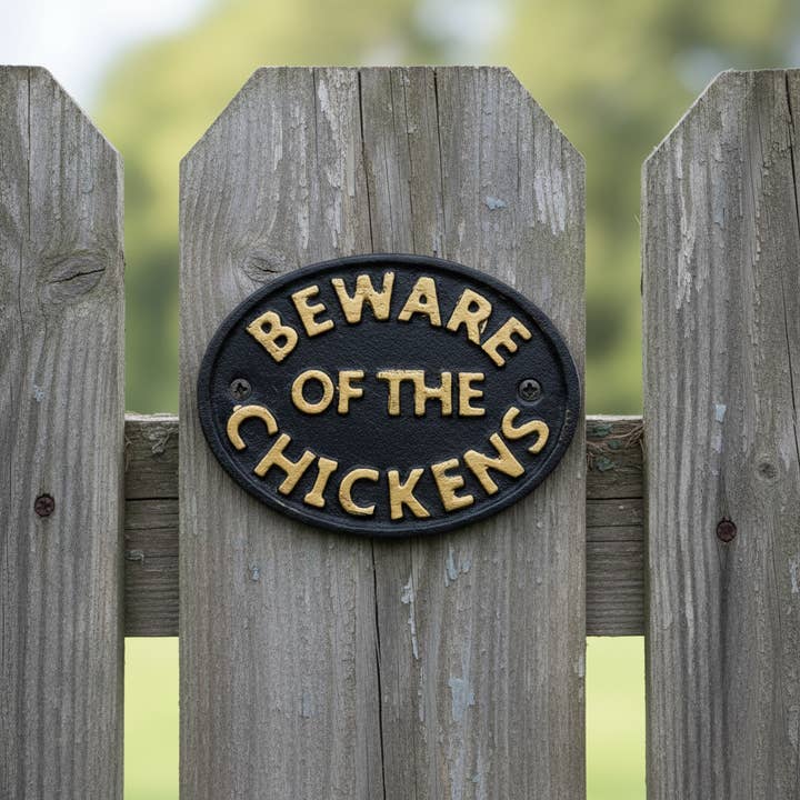 Cast Iron Plaque: Beware Of The Chickens - Farm Decor for wholesale by Iron & Blossom