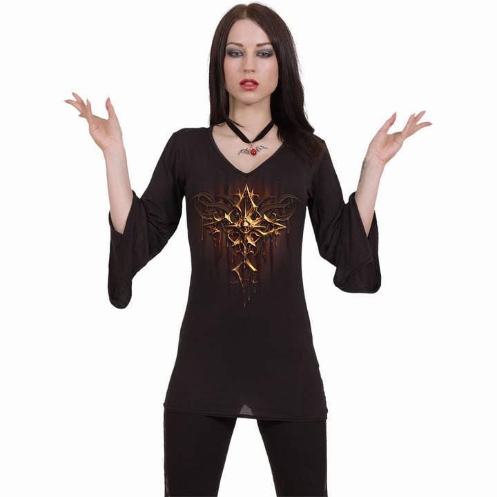 Spiral - Wholesale T-Shirt (Graphic) - Women's - DRIPPING GOLD - V Neck Goth Sleeve Top Black1