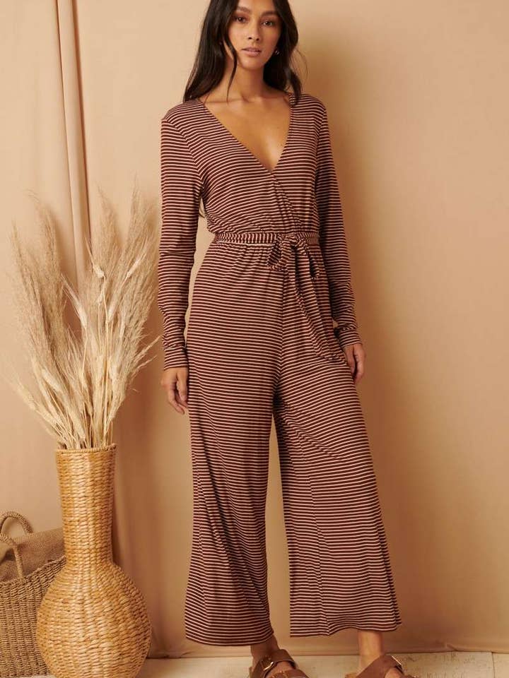 RIB STRIPE SURPLICED FRONT WIDE LEGS JUMPSUIT for wholesale by mittoshop