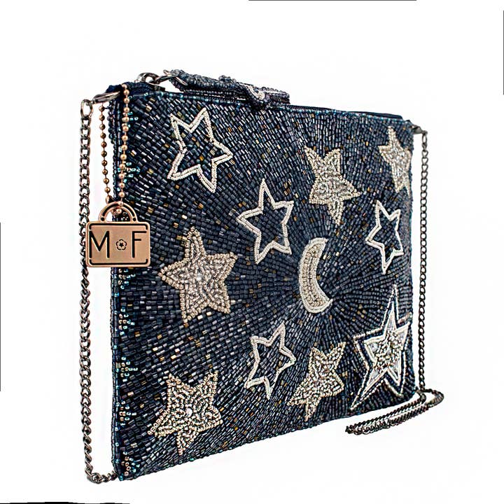 Mary Frances Accessories - Wholesale Crossbody Bag - Women's - Super Nova Blue Celestial Stars & Moon Beaded Crossbody Mini