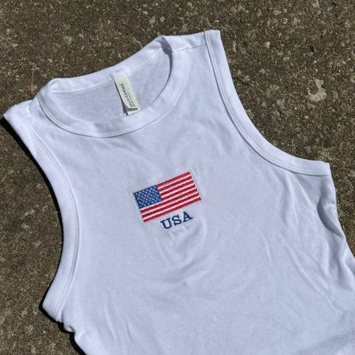 Rags Revived - Wholesale Tank Top - Women's - USA Embroidered Cropped Tank Top 4th of July