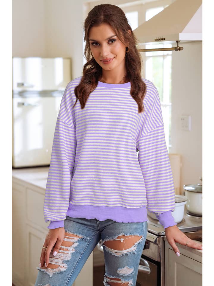 1 the Woman - Wholesale Knit Top - Women's - Valantine Stripe Drop Shoulder Long Sleeve Top | 5 Colors3