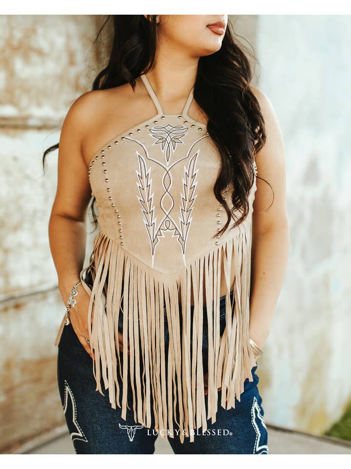 LUCKY & BLESSED - Wholesale Blouse - Women's - Sand Suede Halter Top W Boot Stitch Embroidery-Studs Detail