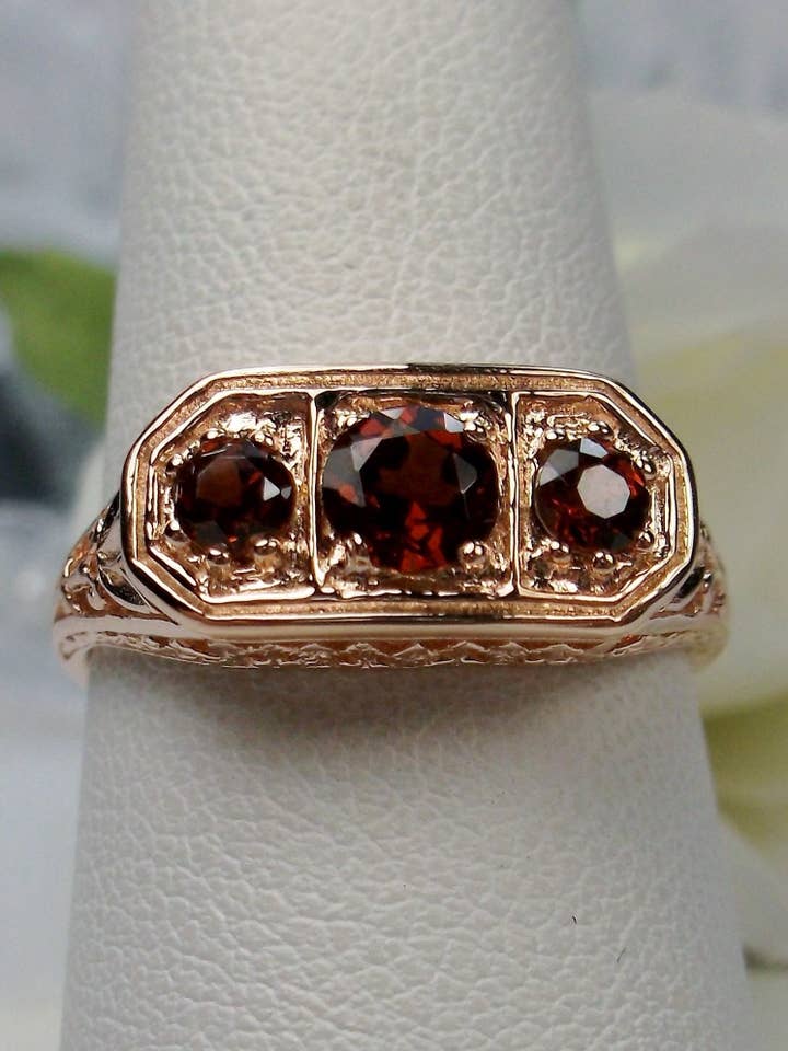Natural Red Garnet Ring, Rose Gold plated Sterling Silver Lily Leaf Filigree, Edwardian Jewelry #D197 for wholesale by Silver Embrace Jewelry