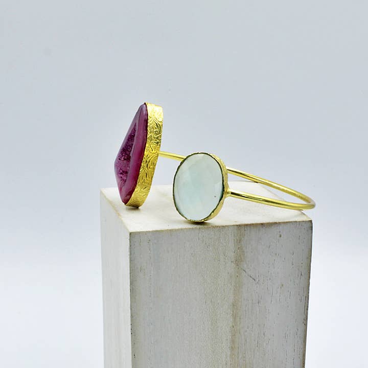 LA MAR - Wholesale Cuff Bracelet - Bracelet with 2 stones, pink and sky blue - chalcedony and agate quartz gold-plated1