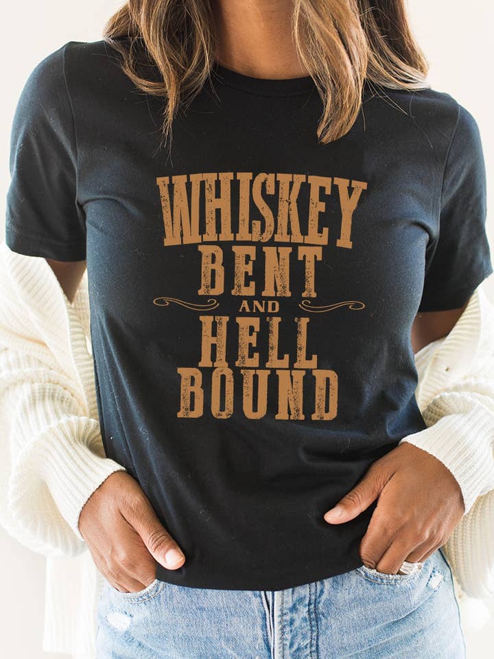 Kissed Apparel - Venta al por mayor Camiseta serigrafiada - Mujer - Camiseta con estampado western con estampado Whiskey Bent and Hell Bound6