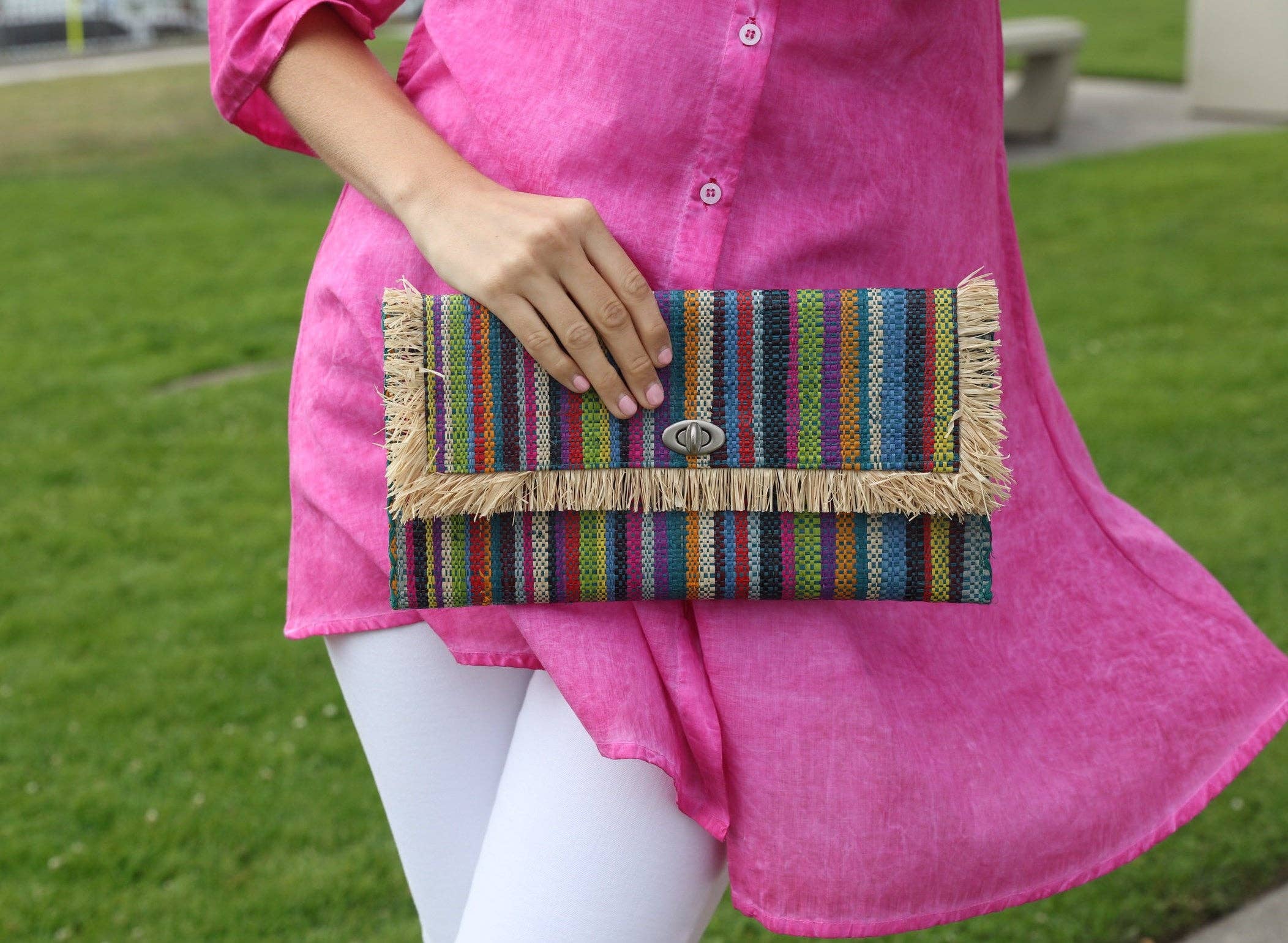 Shebobo - Vente Pochette – femme - Pochette Sophie en paille avec bordure à franges brutes3