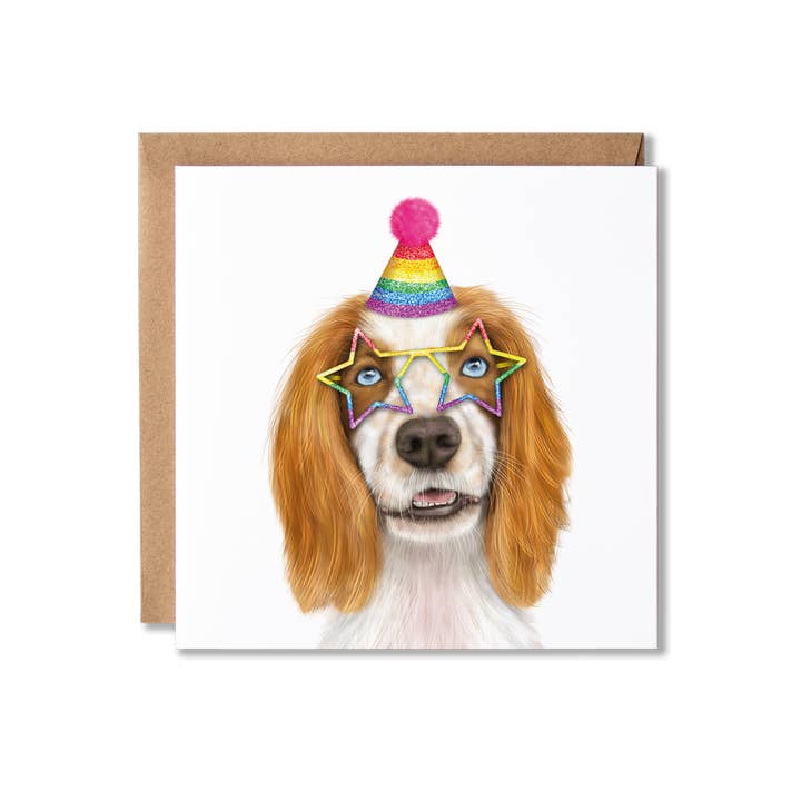 Tan Spaniel Dog in Sparkly Hat Birthday Card for wholesale by Badgerbee Design