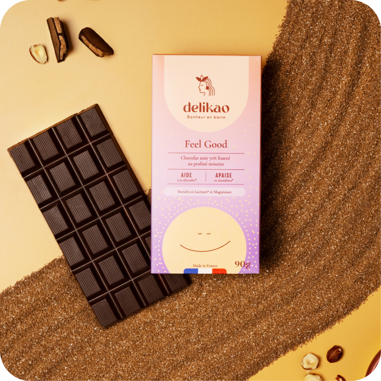 Delikao – Engroshandel Chokoladebar – Feel Good - Anti-stress chokolade med 70% hasselnøddepraliné2