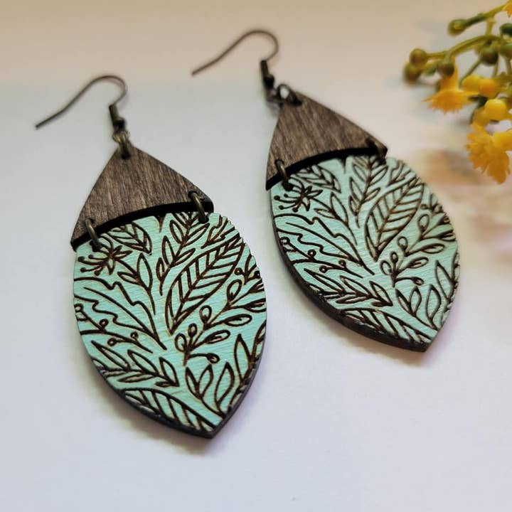 Elskas Designs - Wholesale Dangle Earrings - Green Foliage Engraved Wood Earrings3
