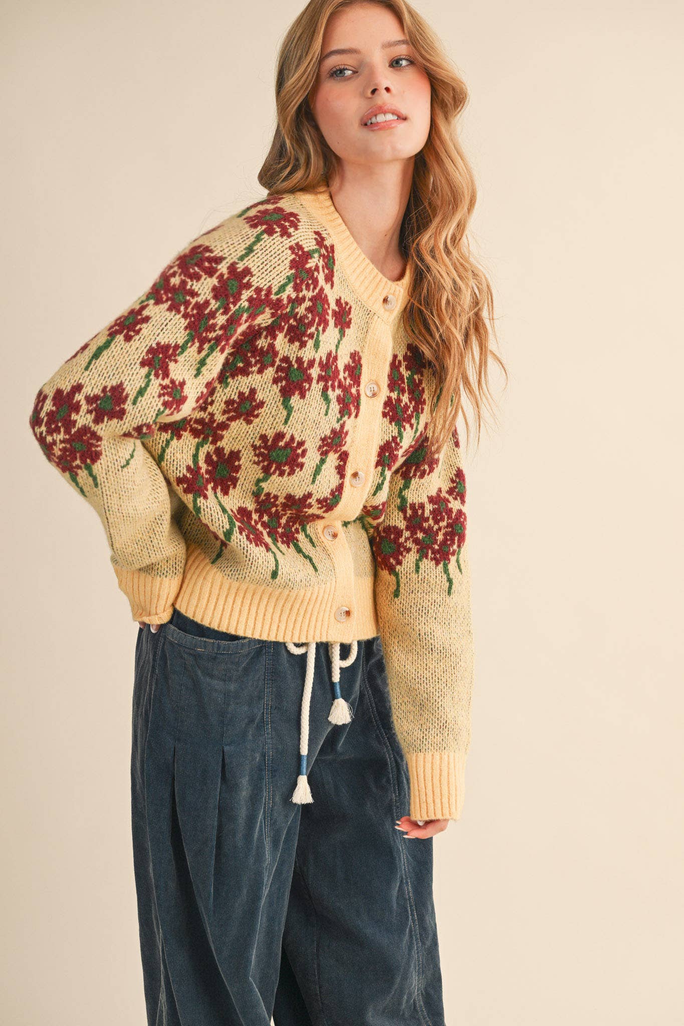 &MERCI - Wholesale Cardigan - Women's - FLORAL KNIT BUTTON DOWN SWEATER CARDIGAN MSW1123816