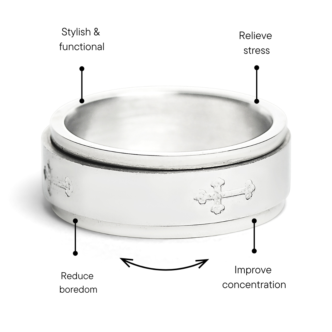 WJW - Vente Anneau/bague à empiler - Bague Cross Spinner Center en acier inoxydable hautement poli3