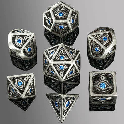 Ensemble de dés creux en métal Dragon's Eye - Aqua Blue Gems pour la vente par Hymgho Premium Dice