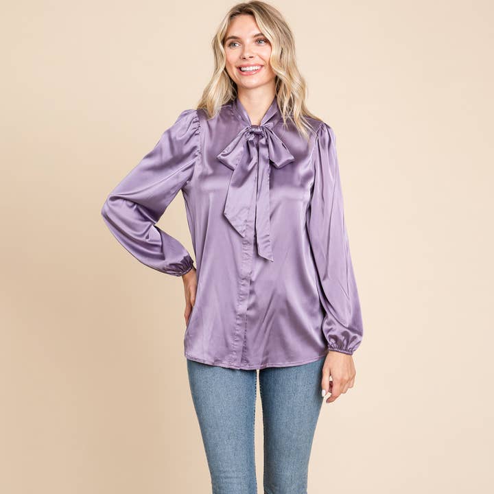 ROLYPOLY - Wholesale Button Down Shirt - Women's - Tie Neck Long Sleeve Satin Blouse Shirts