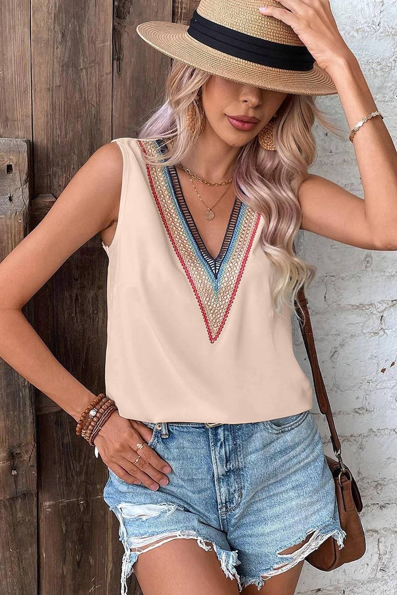 Lily Clothing - Wholesale Blouse - Women's - MULTICOLOR LACE V NECK SLEEVELESS BLOUSE_CWTBLSL00256