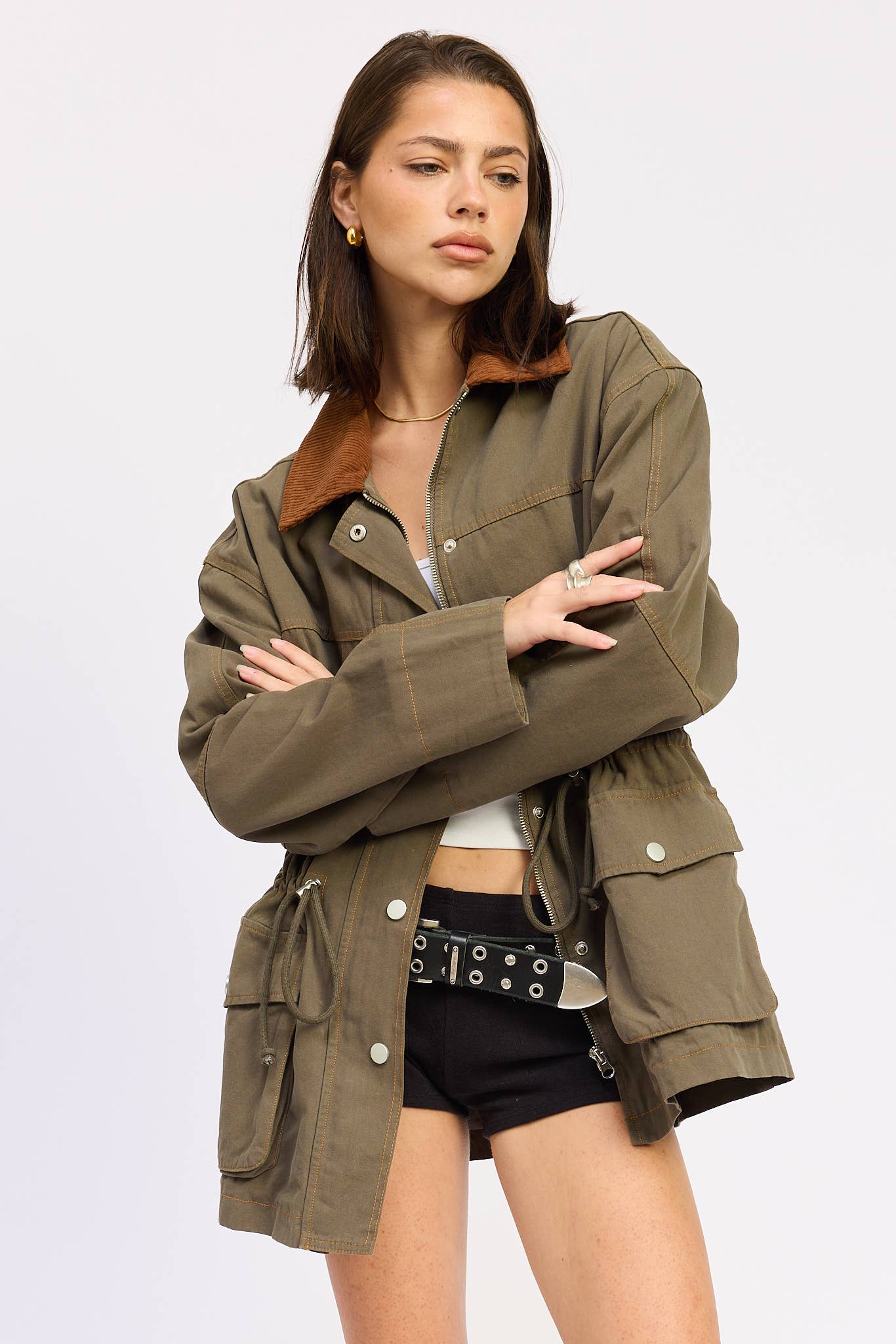 OLIVE PANELED CHORE JACKET WITH WAIST TIE for wholesale on Faire5