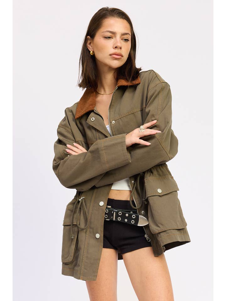 OLIVE PANELED CHORE JACKET WITH WAIST TIE for wholesale on Faire5