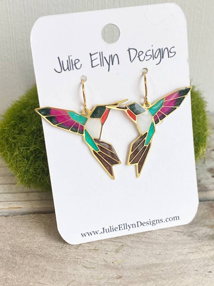 Øreringe med kolibrier i farvet glas - Guld for engroshandel hos Julie Ellyn Designs