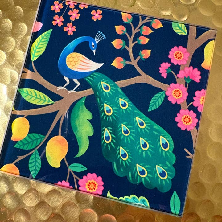 Glass coaster Peacocks on Mango tree handdrawn art design for wholesale by Alphonsostudio