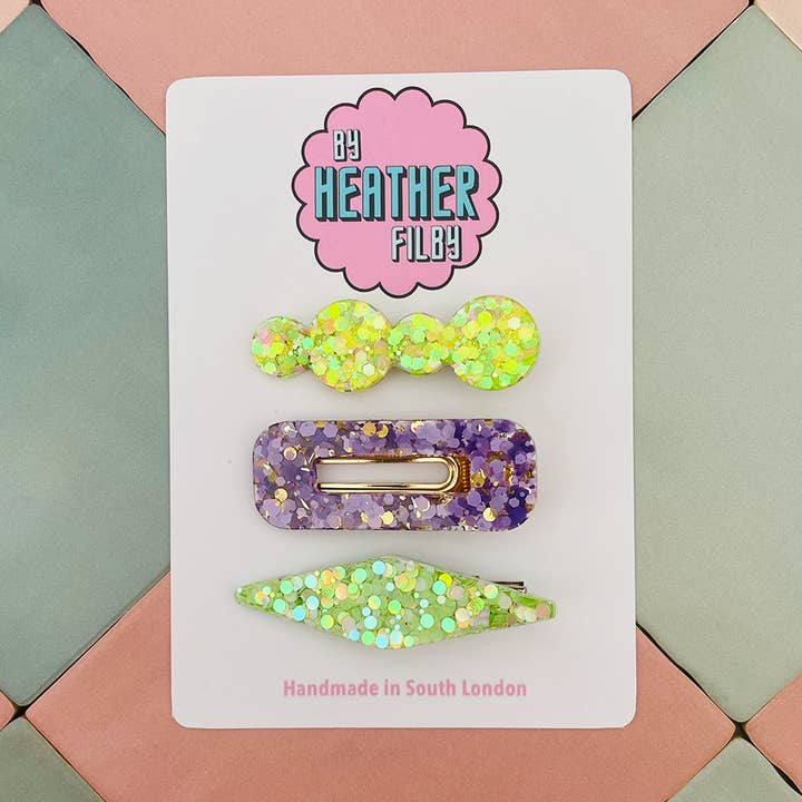 Lilac and Green Glitter Hair Clips x3 for wholesale by By Heather Filby