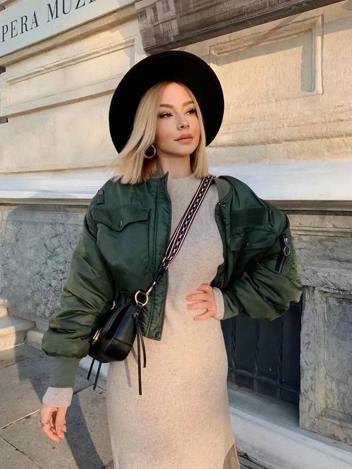 GREEN Flight jacket-style short cotton-padded jacket for wholesale on Faire1