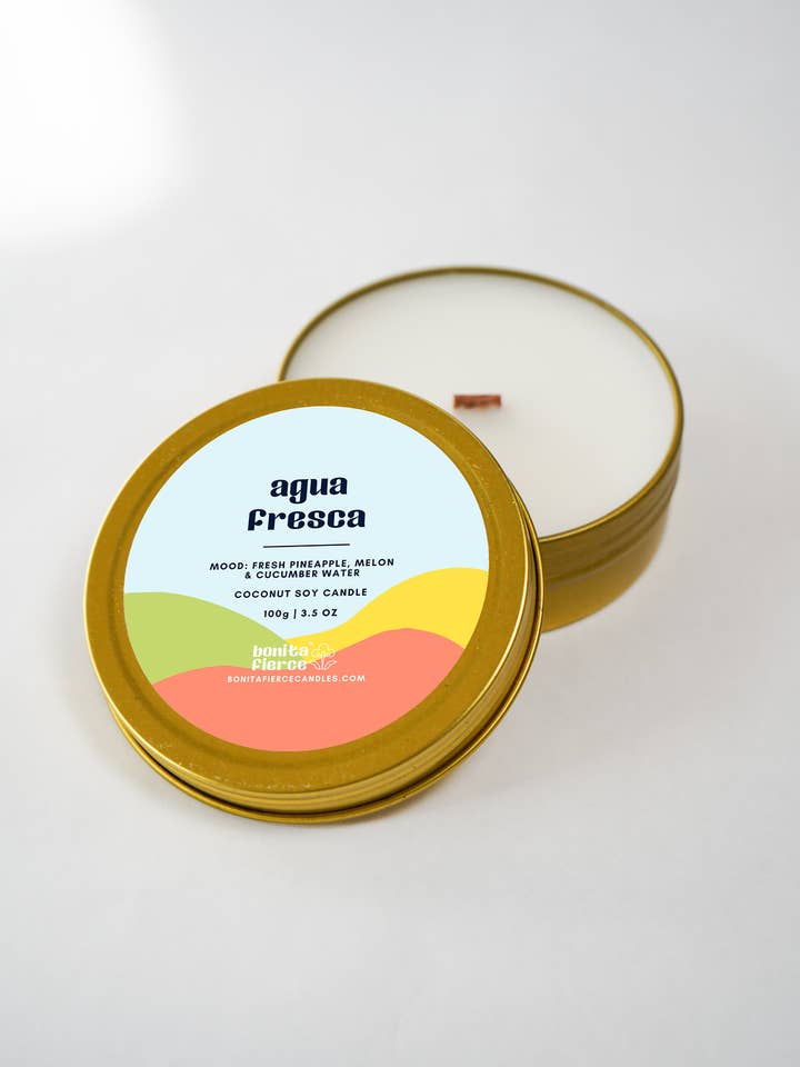 Agua Fresca Candle Tin | Pineapple Melon & Cucumber Water for wholesale by Bonita Fierce Candles