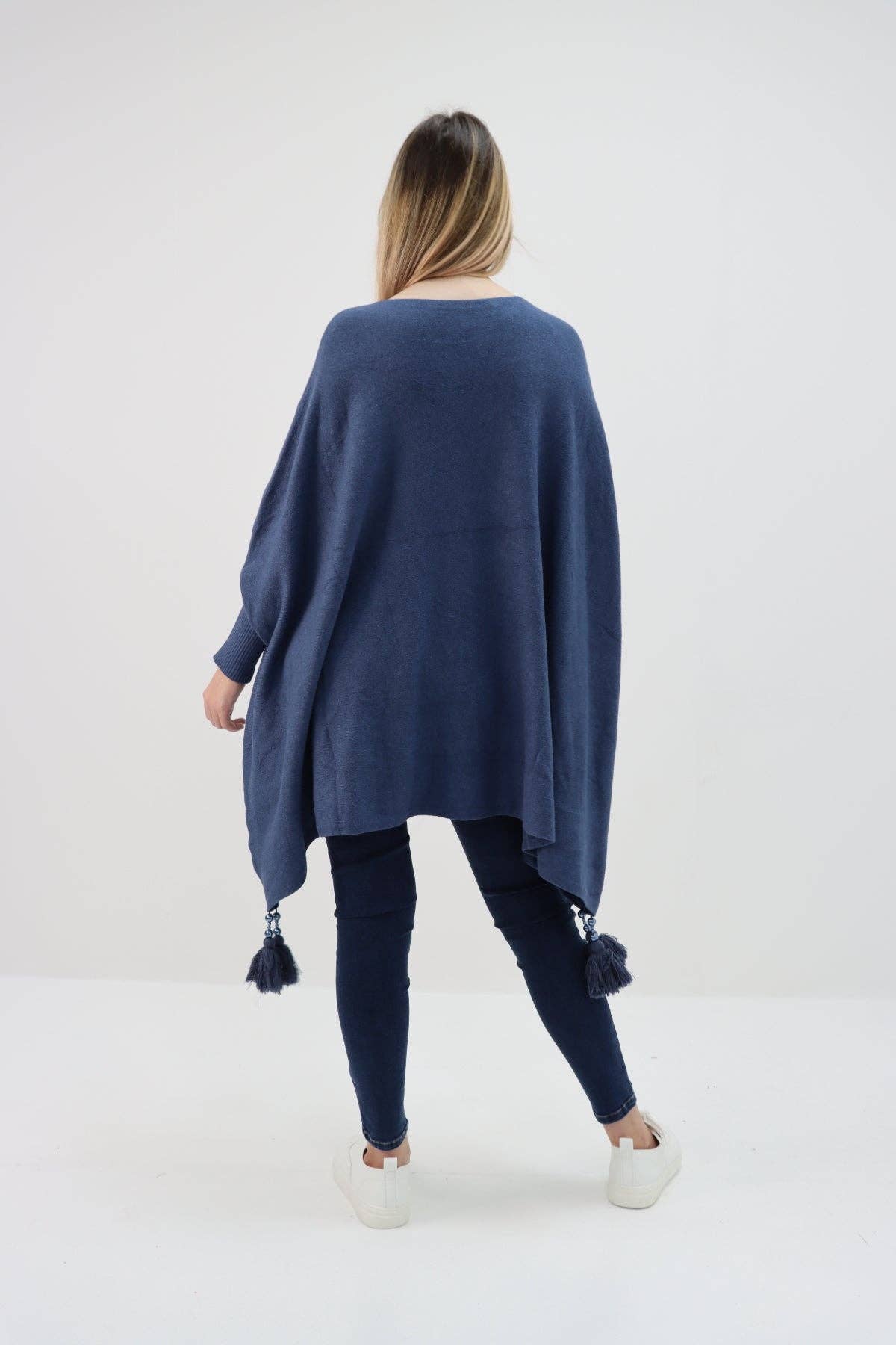 Miss Bold - Wholesale Poncho - Women's - Italian Plain Batwing Sleeves Tassels Tunic Poncho14