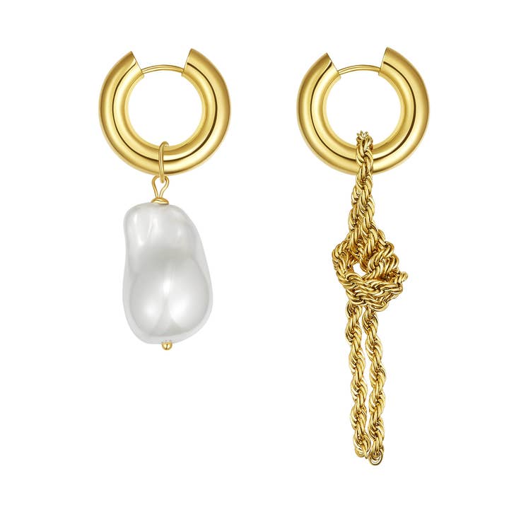 Unique Asymmetrical Gold Rope Chain Baroque Pearl Drop Earrings for wholesale by Classicharms