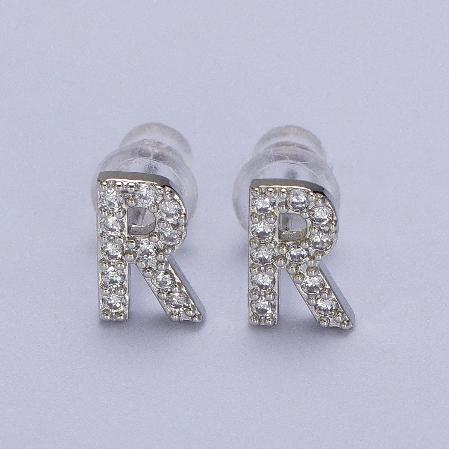 Aim Eternal - Wholesale Stud/Post Earrings - White Gold Filled Tiny Initial Letter Diamond CZ Silver Stud17