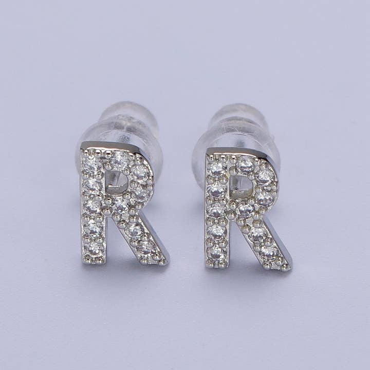 Aim Eternal - Wholesale Stud/Post Earrings - White Gold Filled Tiny Initial Letter Diamond CZ Silver Stud19